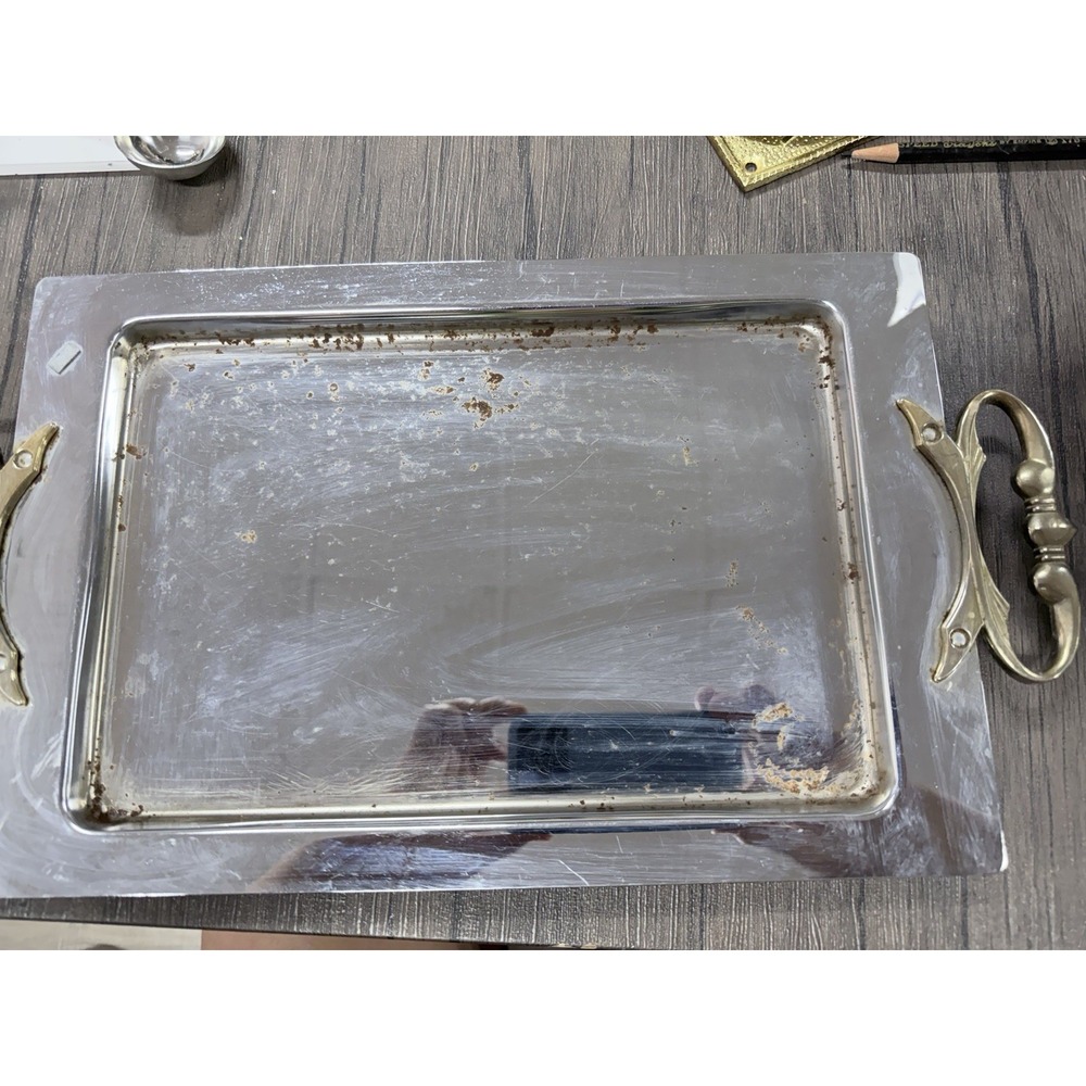 Vintage Mid Century Modern Kromex USA Brass Chrome Serving Tray 13x9
